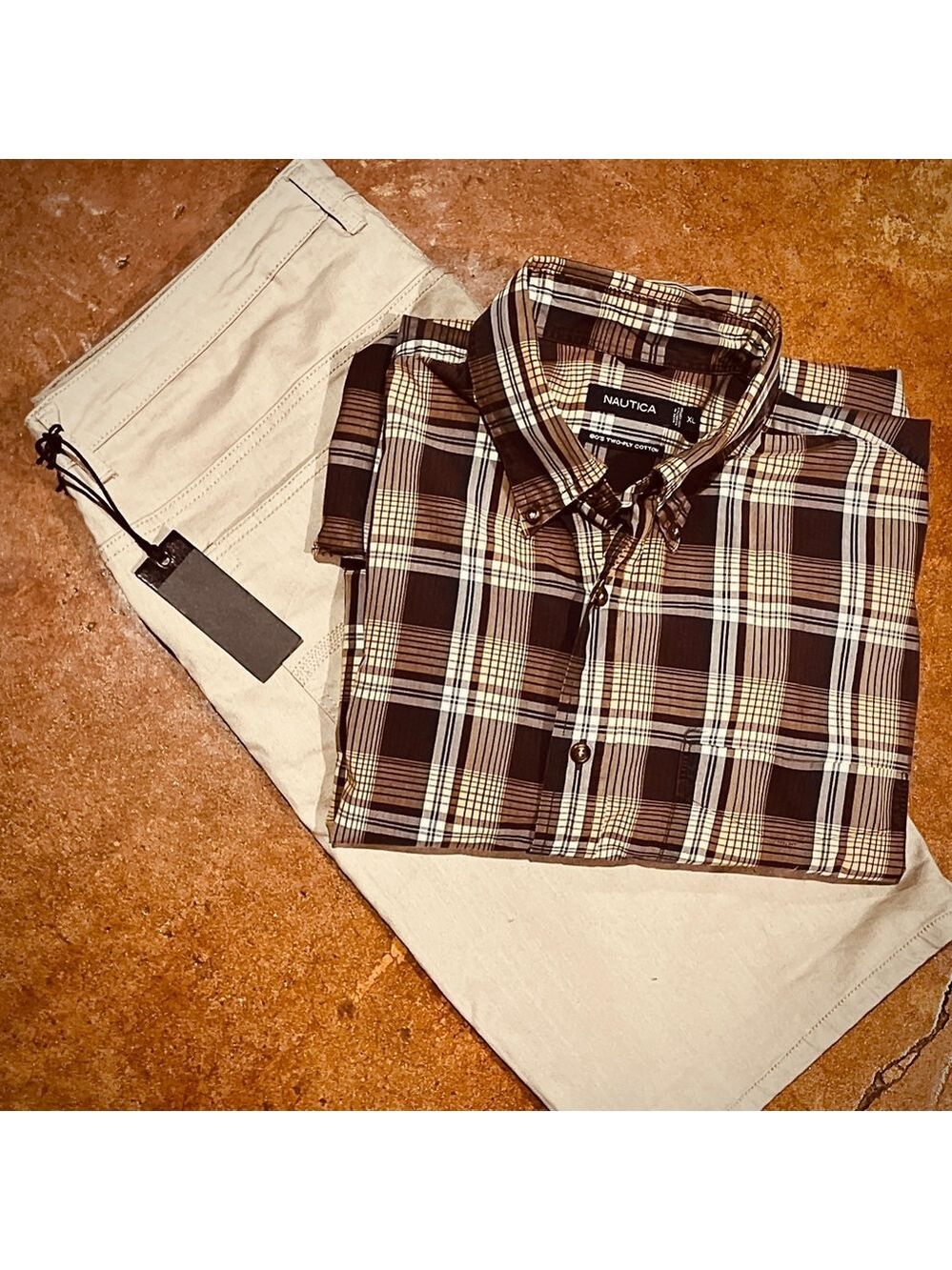 Vintage Nautica Button Down Shirt Maroon Tan Cream XL